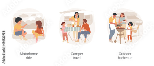 Motorhome vacation isolated cartoon vector illustration set. Motorhome ride, inside motorhome, on the road, family travel by camper van, parking in nature, campsite barbecue vector cartoon.