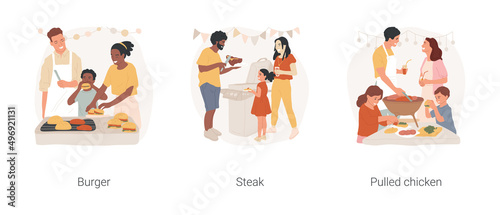 Backyard BBQ isolated cartoon vector illustration set. People prepare burgers, BBQ backyard party, man grill steak outdoors, children play, cooking pulled chicken, family gathering vector cartoon.
