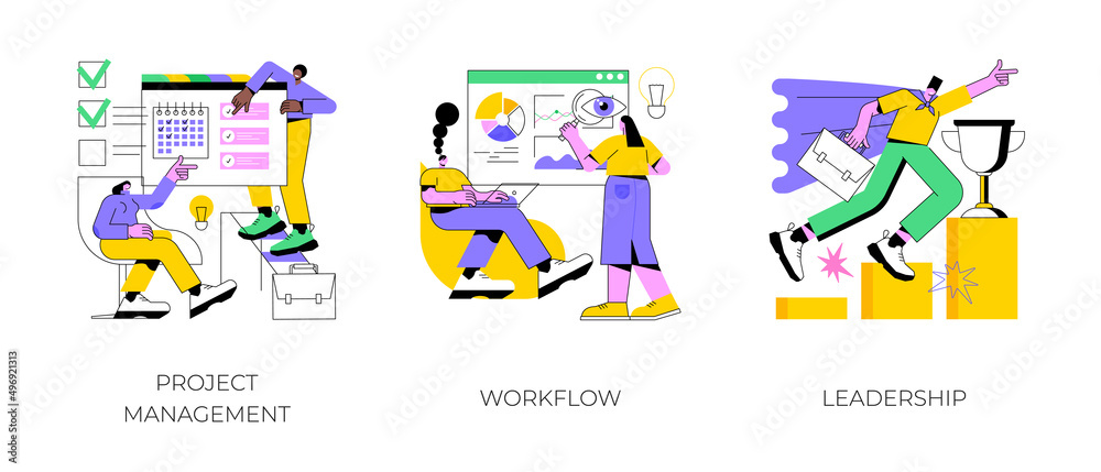 Business management abstract concept vector illustration set. Project management, workflow and leadership, waterfall and agile, development team, productivity software, coaching abstract metaphor.