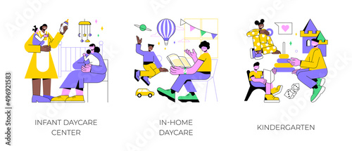 Childcare services abstract concept vector illustration set. Infant daycare center, in-home daycare, kindergarten, early kid development, nursery home, toddler early education abstract metaphor.