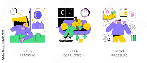 Stress management abstract concept vector illustration set. Sleep tracking and deprivation, work pressure, digital tracker, mental health, chronic anxiety, deadline pressure abstract metaphor.