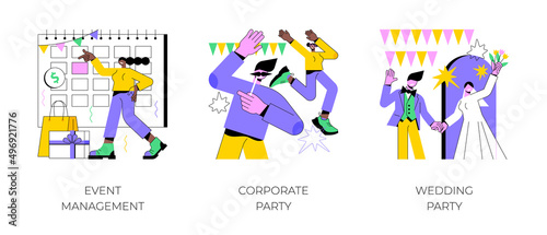 Entertainment service abstract concept vector illustration set. Event management, corporate and wedding party, meeting organizer, planning service, team building, celebration abstract metaphor.