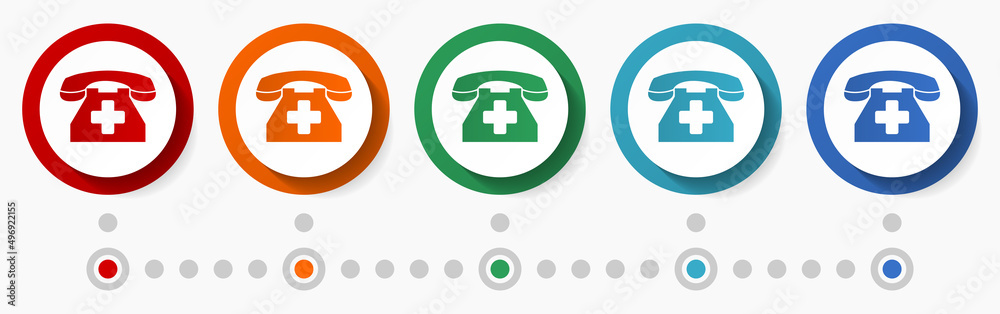 Emergency call, phone concept vector icon set, infographic template, flat design colorful web buttons in 5 color options