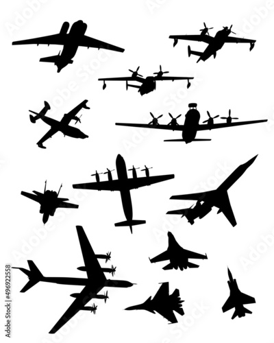 Silhouettes of military aircraft on a white background