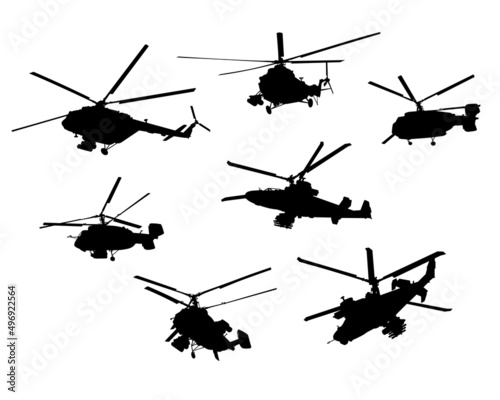 Silhouettes of military helicopter on a white background