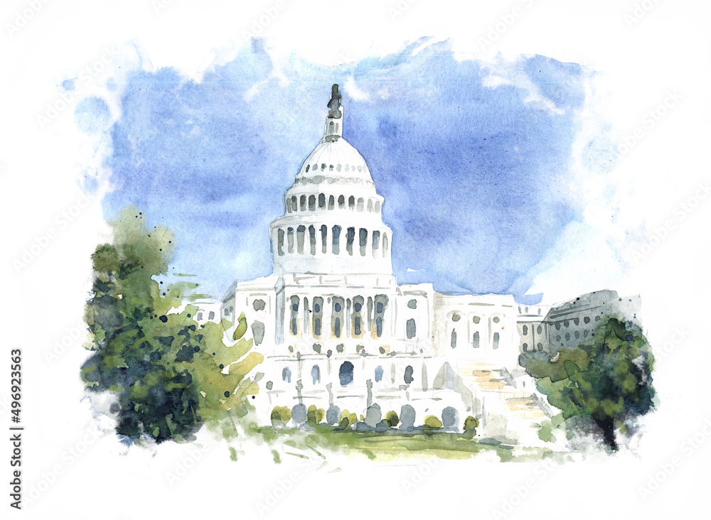 Watercolor Hand drew architecture sketch illustration of Capitol Washington DC the USA 
