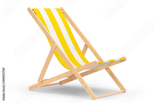 Billede på lærred Yellow striped beach chair for summer getaways isolated on white background