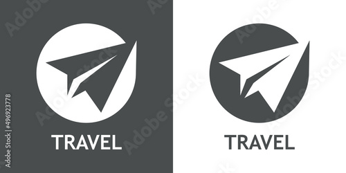 Logotipo con texto Travel y silueta de avión de papel en círculo en fondo gris y fondo blanco