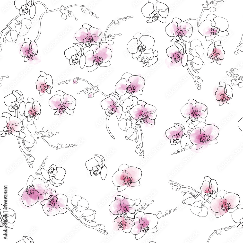 orchid flowers, phalaenopsis, contour black on a white background, watercolor stains orchid, flowers, black contour, white background, pink watercolor, seamless pattern, hand-drawing - obrazy, fototapety, plakaty 