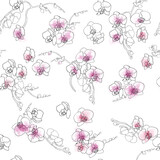 orchid flowers, phalaenopsis, contour black on a white background, watercolor stains orchid, flowers, black contour, white background, pink watercolor, seamless pattern, hand-drawing
