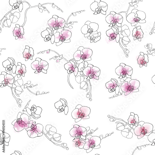 orchid flowers  phalaenopsis  contour black on a white background  watercolor stains orchid  flowers  black contour  white background  pink watercolor  seamless pattern  hand-drawing