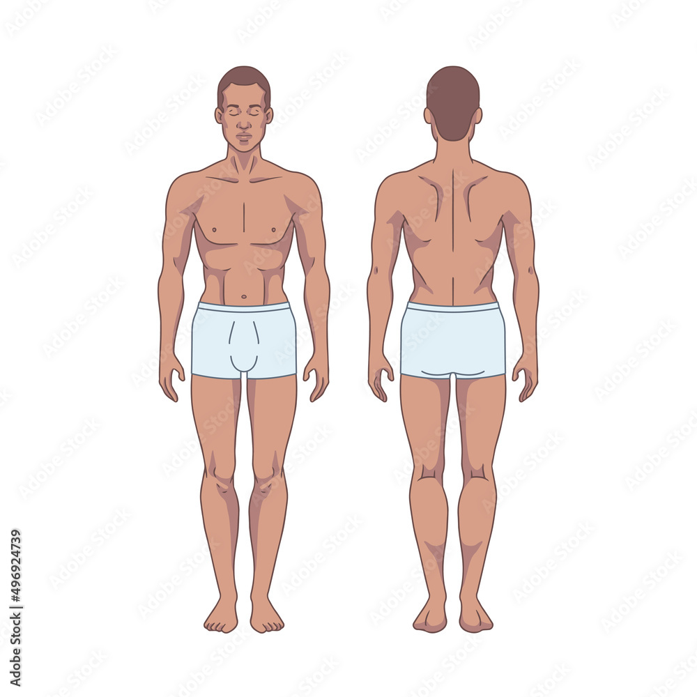 Black man figure standing, silhouette, front and back view. Male body anatomy diagram. Removable underwear. Vector illustration Black man figure standing, silhouette, front and back view. Male body anatomy diagram. Removable underwear. Vector illustration