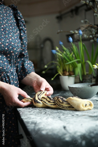 The culinary process. Bakery products. Preparation of a roll with poppy seeds. Raw dough, flour, the hostess's hands in the kitchen. Spring atmosphere, flowers, willow. Rustic. Background image