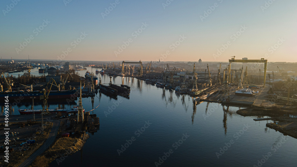 sunset over the river in Harbour, port,ship transport, 