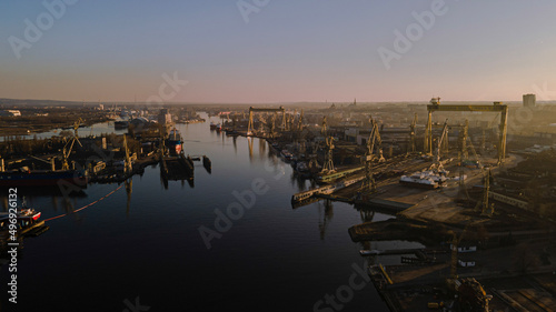 sunset over the river in Harbour, port, ship transport, 
