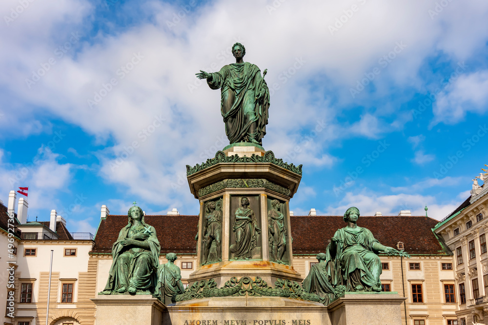 Kaiser Franz I monument in the courtyard of Hofburg palace, Vienna, Austria (inscription 