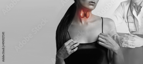A woman examines the thyroid gland. A virtual thyroid gland with nodes is drawn in red on the neck. Cancer tumor. Medical ultrasound diagnosis of the thyroid gland in the background