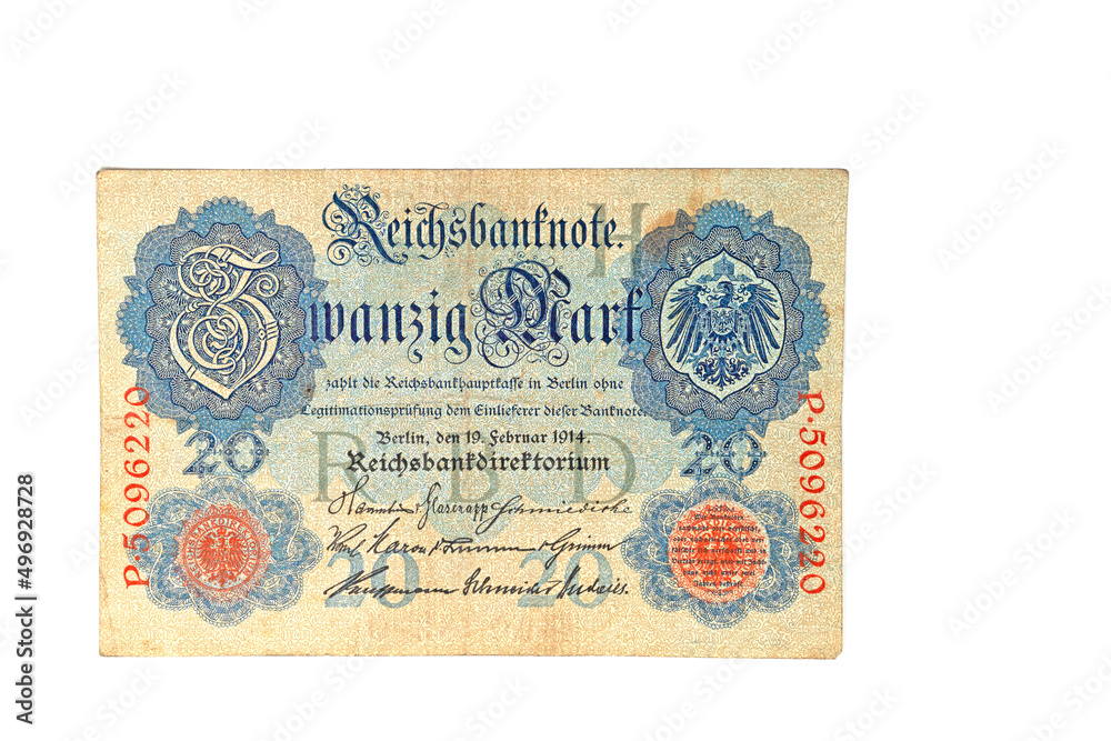 Deutsche Reichsbanknote, 1914, vor weißem Hintergrund