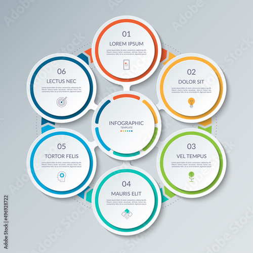 Infographic circle with 6 options, parts. 6-step vector template for business infographics. Process chart, cycle diagram for business presentation, report, brochure, web, data visualization.