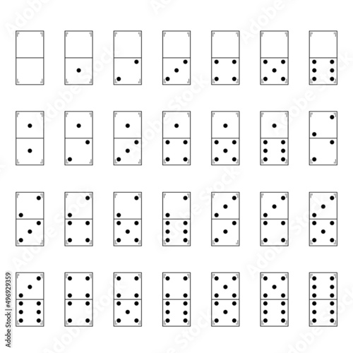 Hand drawn domino set consisting of 28 knuckles. Game is sports and for entertainment. Doodle style. Vector.