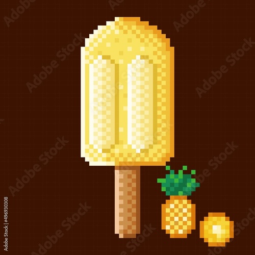 Pineapple ice cream stick pixel art. Vector illustration.