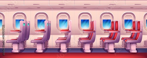 Cartoon empty airplane interior with aircraft windows and red passenger seats in row. Economy class plane cabin inside view with chairs and portholes. Aircraft salon armchairs for jet trip.