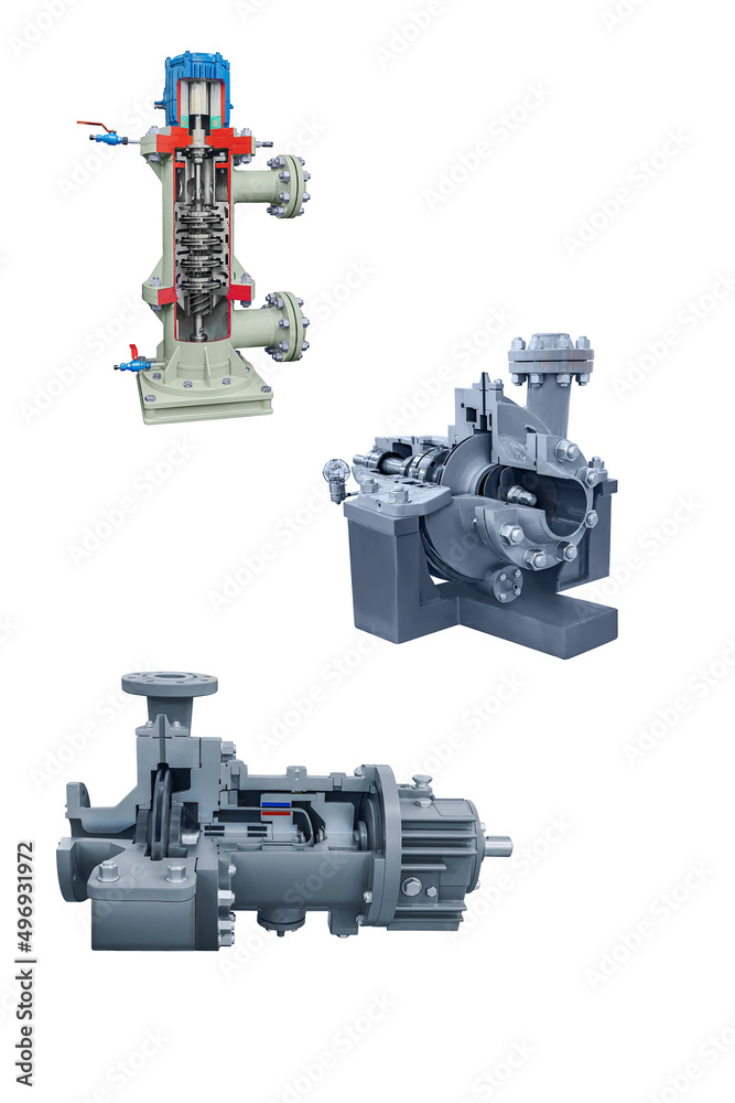 longitudinal and cross sections of three industrial pumps for pumping gas on a white background