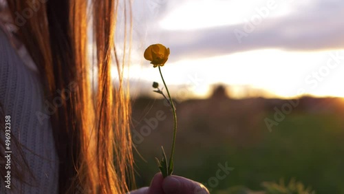 Woman holding a buttercup flower in warm summer breeze 