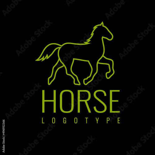 Contoured horse logo in green, linear illustration of a drawing of a running horse. Isolated on a black background. Vector graphics
