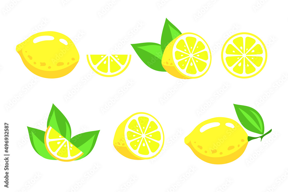 Set of lemons, in cut and slices. Illustration of lemons with leaves, sour citrus fruit. Isolated on white background. Vector graphics