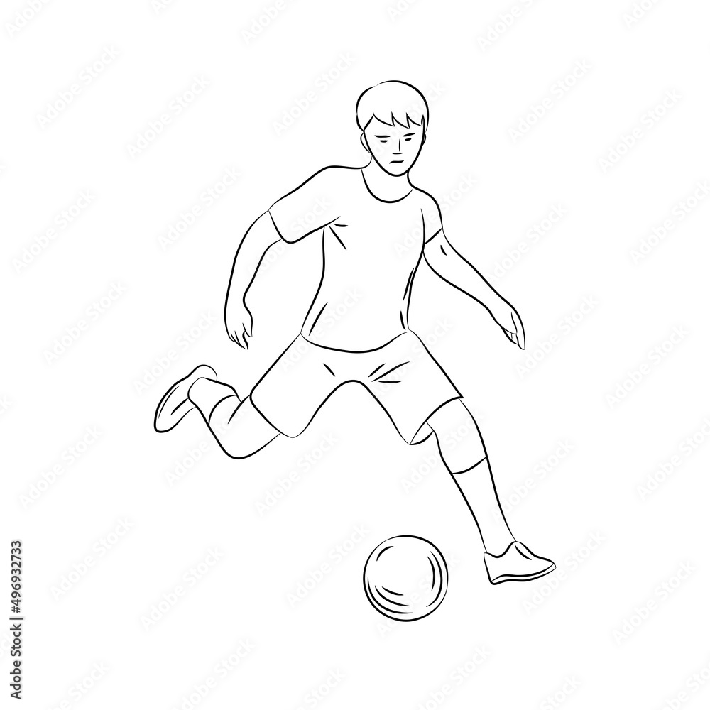 Linear illustration of a soccer player with a ball. Drawing of a soccer player kicking a ball. Sports game. Isolated on white background. Vector graphics Linear illustration of a soccer player with a ball. Drawing of a soccer player kicking a ball. Sports game. Isolated on white background. Vector graphics