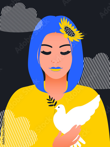 A girl with a dove in her hands on a black background with white clouds prays for peace in Ukraine. There is a sunflower in her blue short hair. Vector.