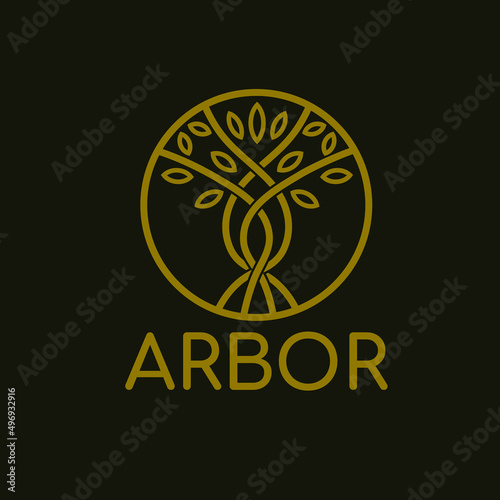 Abstract linear illustration of a tree in a circle. Geometric tree icon as arbor mascot, logo, decorative ornament, pattern. Isolated. Vector graphics