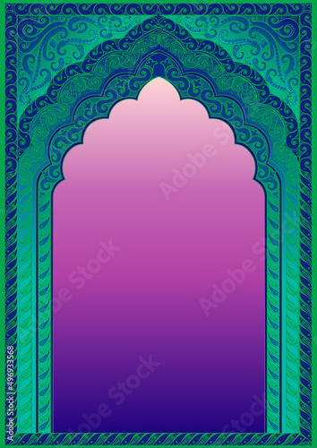 Architectural arch in Arabic Traditional Islamic Background. Mosque High detailed decoration element. Elegance Background with Text input area in a center. A4 Format.