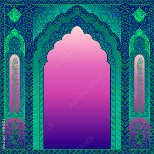 Eastern multicolored frames, arch. Template design elements in oriental style. Floral Frame for cards and postcards. Muslim invitations and decor for brochure, poster. Vector border 
