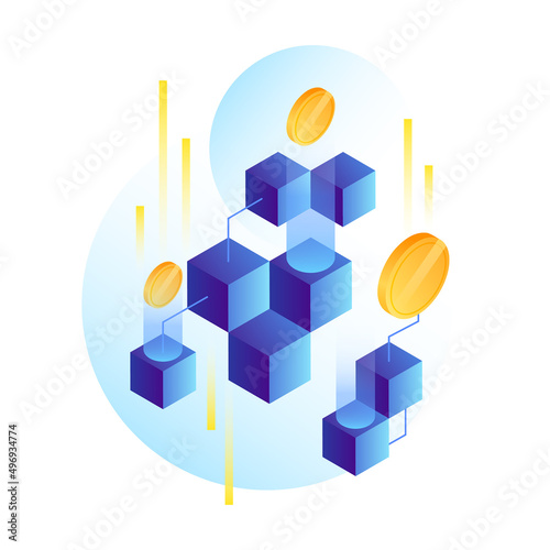 Blockchain Illustration. Digital Money, Blocks and Coins. Vector illustration