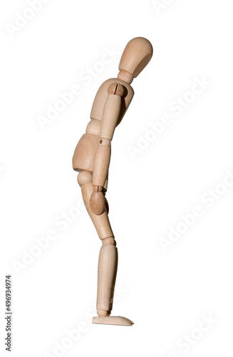 wooden mannequin stands hunched over, isolated on white background