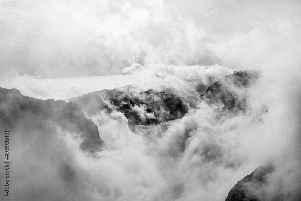 Panorama of the mountains, Black and white, Madeira island, Portugal, Pico de Arieiro - pico de Ruivo trail. Panorama of the mountains, Black and white, Madeira island, Portugal, Pico de Arieiro - pico de Ruivo trail.