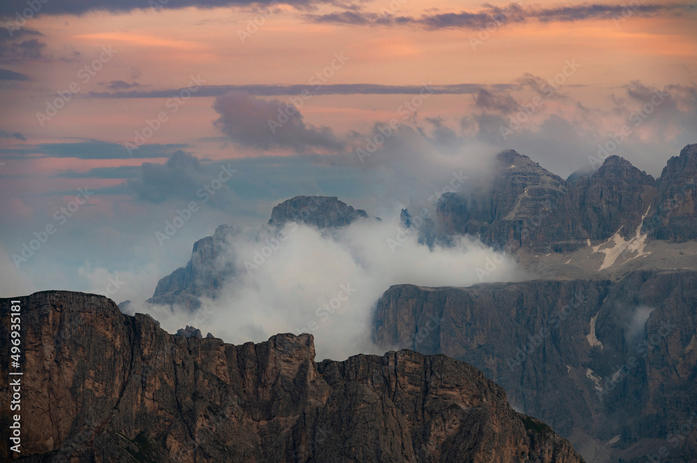 Dolomites in Italian Alps in details during sunset
