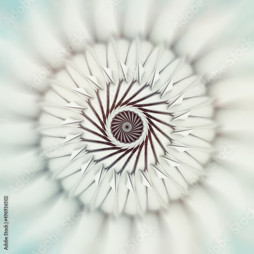 3d render of abstract art with surreal 3d machinery industrial turbine aircraft jet engine or flower in spiral twisted shape with blurry effect