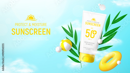 Sunscreen ad banner template. Banner with 3d tube of sunscreen, tropical plants, seashell, inflatable ring and ball. Vector 3d ad illustration for promotion of summer goods.