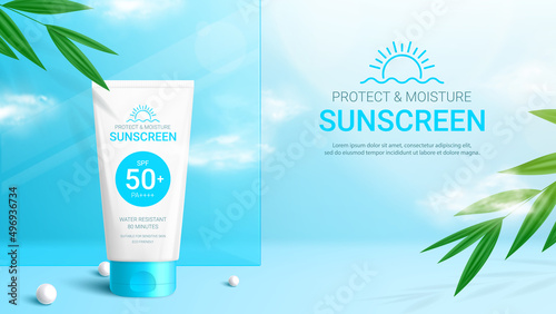 Sunscreen ad banner template. Banner with 3d tube of sunscreen, tropical plants, pearl, glass and clouds. Vector 3d ad illustration for promotion of summer goods.