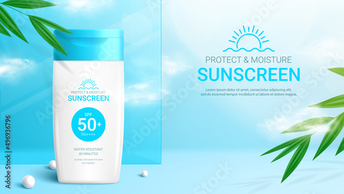 Sunscreen ad banner template. Banner with 3d jar of sunscreen, tropical plants, pearl, glass and clouds. Vector 3d ad illustration for promotion of summer goods.