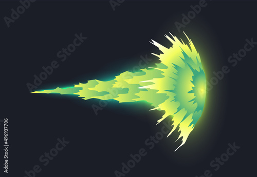 Cartoon laser gun beam. Futuristic shot effect. Blaster attack. Alien combat weapon rays. Destructive plasma flow. Vector game element. Bomb explosion