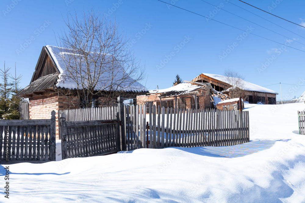 abandoned destroyed building in carpathian mountains, Ukraine. War concept.