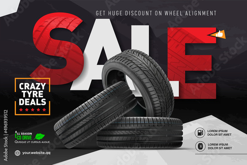 Tyre sale vector store promo poster with  tires and grunge black track tread marks. Rubber protectors shop discount promotion with realistic tyres. Car wheels for sport, vehicle, transportation.