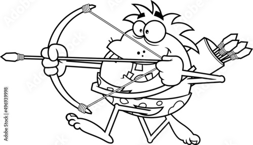 Outlined Happy Caveman Cartoon Character Running With Bow And Arrow. Vector Hand Drawn Illustration Isolated On White Background