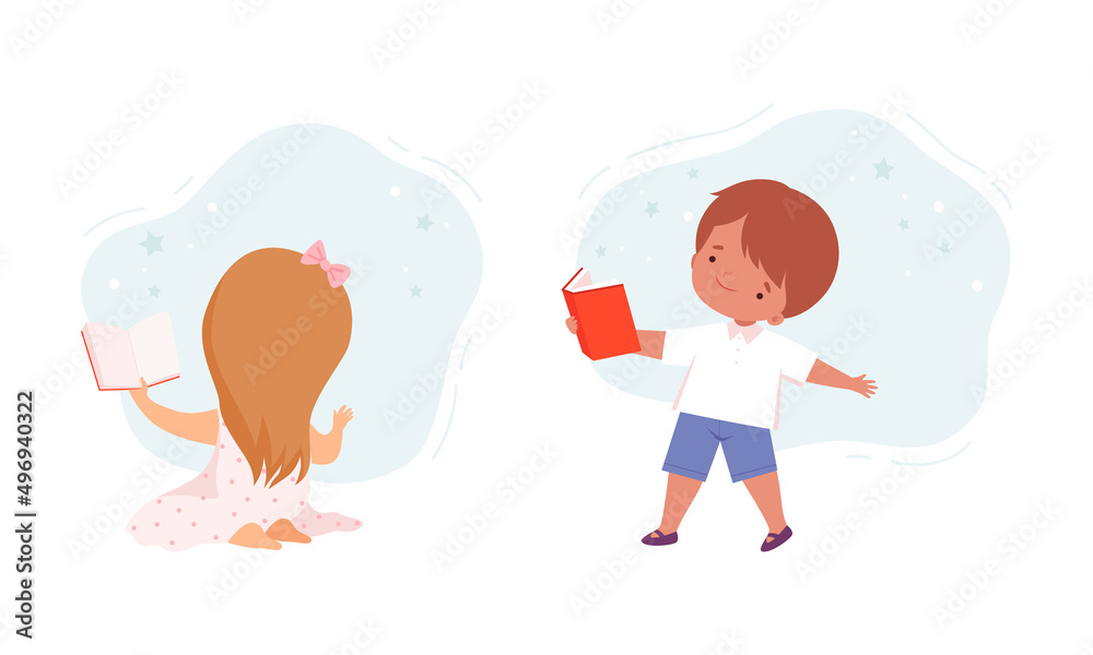 Cute little children reading story books set. Boy and girl enjoying of literature cartoon vector illustration Cute little children reading story books set. Boy and girl enjoying of literature cartoon vector illustration