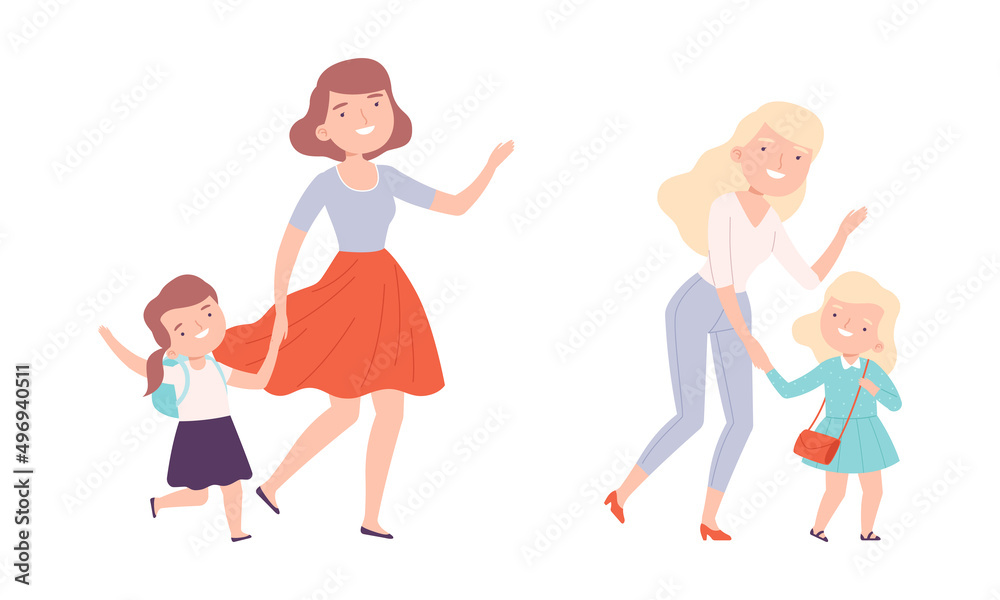 Parents and their kids walking holding hands set. Mom leading their daughters to school cartoon vector illustration Parents and their kids walking holding hands set. Mom leading their daughters to school cartoon vector illustration