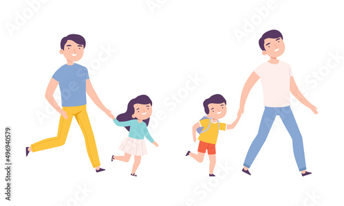 Fathers and their kids walking holding hands set. Dad leading their children to school cartoon vector illustration
